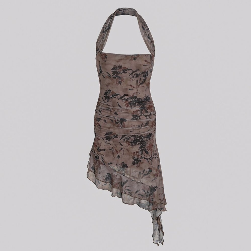 Cider Mesh Halter Floral Ruffle Asymetrical Hem Mini Dress - XS